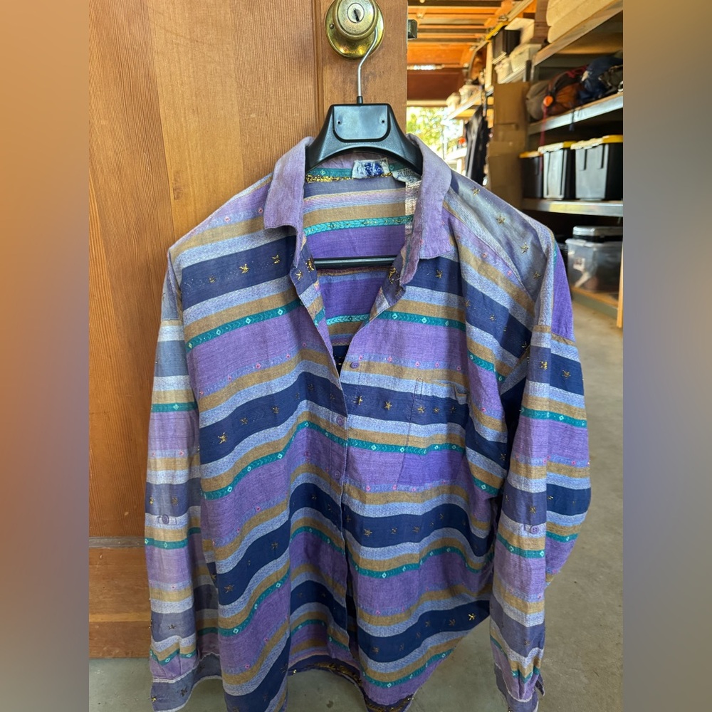 Vintage Angelique Purple and Blue Striped Button Up with Shimmery Gold Thread
